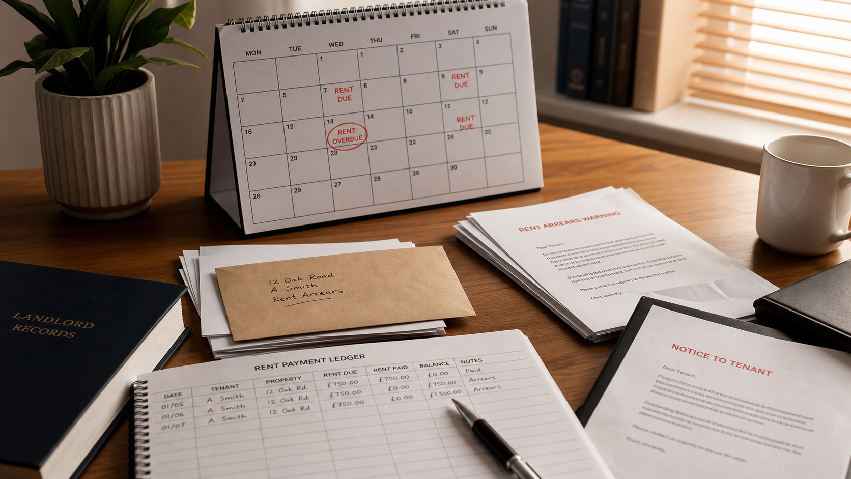Unterlagen eines Vermieters mit Mietkonto-Übersicht, Zahlungsfristen im Kalender und markierten offenen Betragspositionen