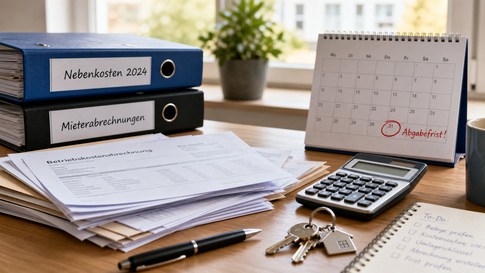 Ordner mit Betriebskostenbelegen, Taschenrechner und Kalender zur fristgerechten Nebenkostenabrechnung für ein Mietobjekt