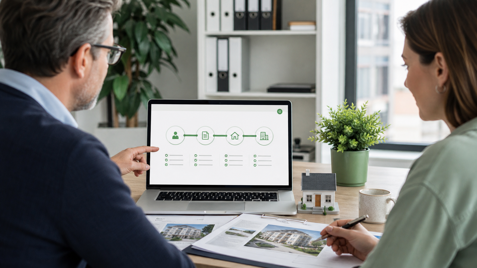 Onboarding-Ablauf mit Registrierung, Organisationsanlage, Objekterfassung und erstem Dashboard-Check